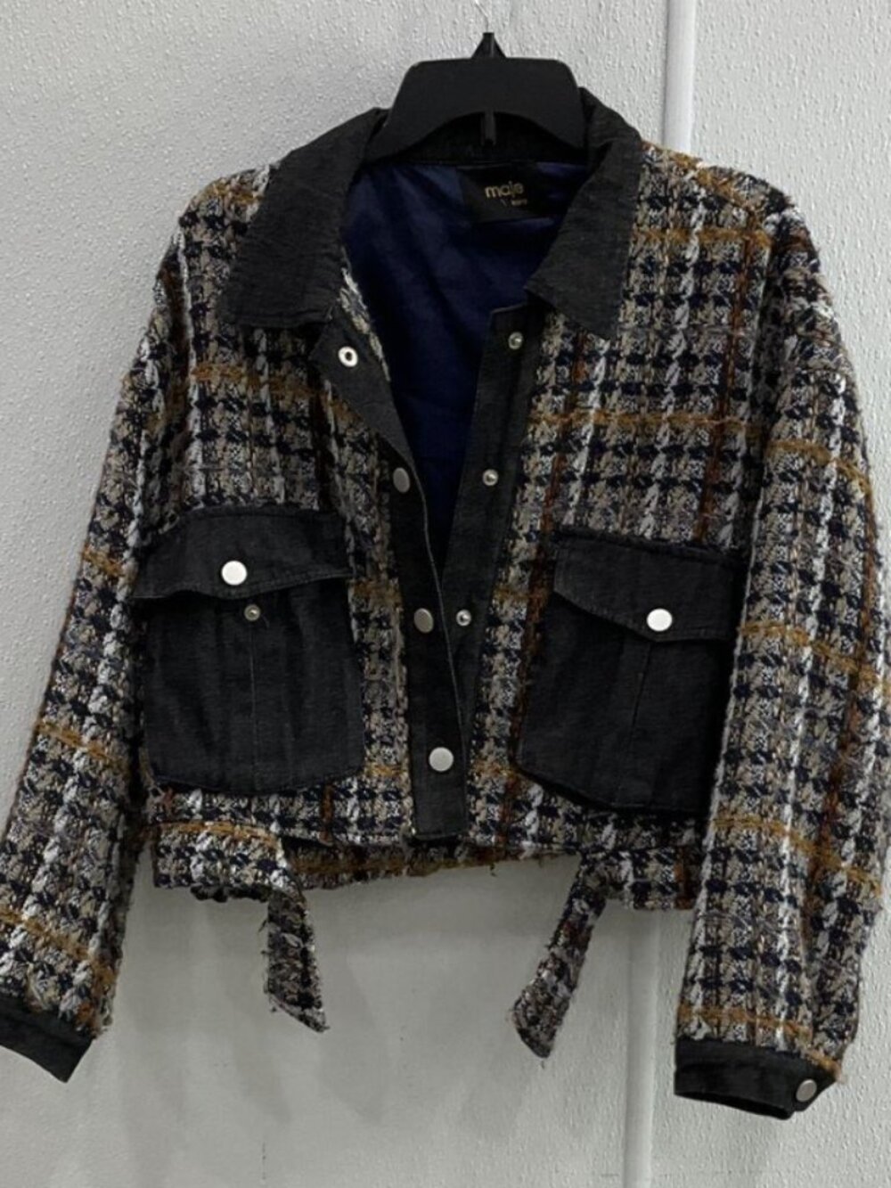 Maje Kara Plaid Cropped Button Up Jacket - Size 3 / US Large